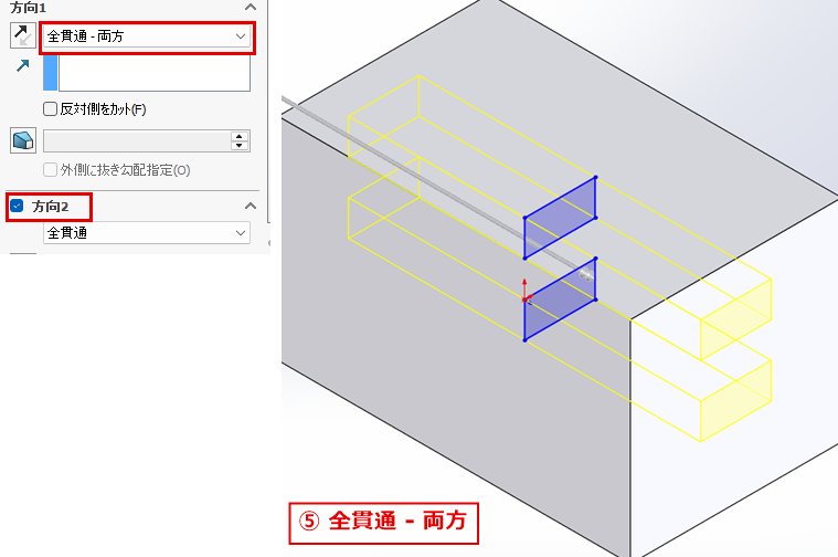 右側面のスケッチを全貫通 - 両方で切り抜くトンネルのプレビュー